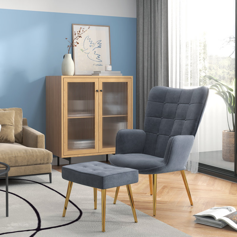 Angelamarie Velvet Armchair with Footstool, Grey