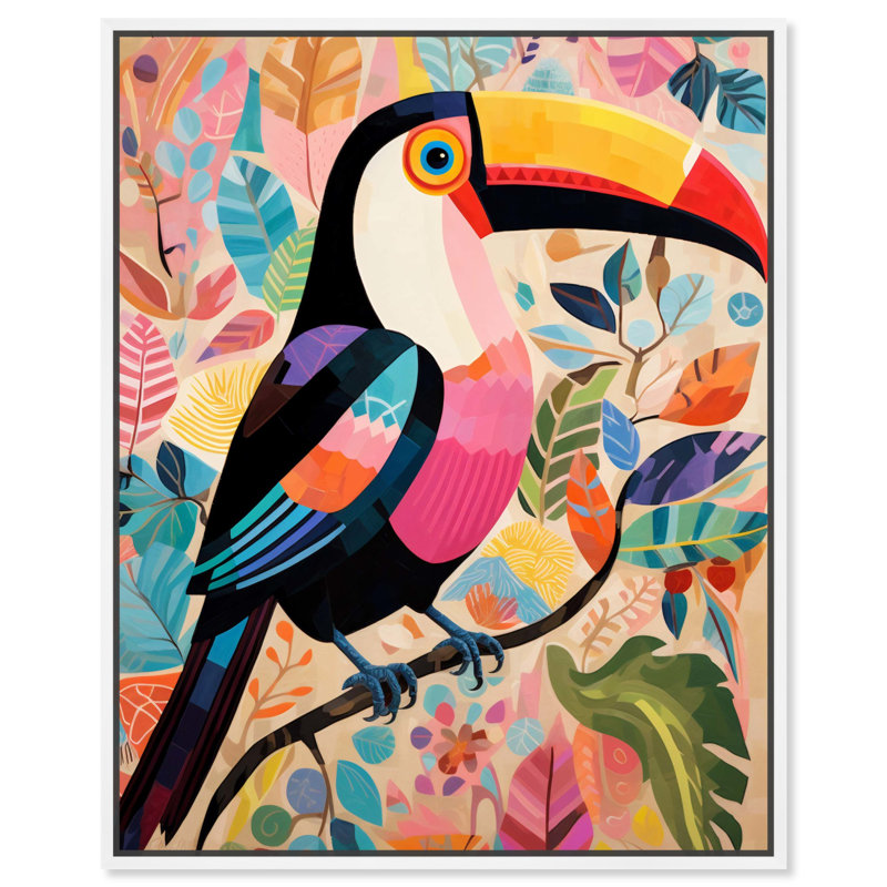 «Whimsical Toucan», art mural abstrait tropical par Art Remedy, Cadre blanc, H 25 po x l 21 po
