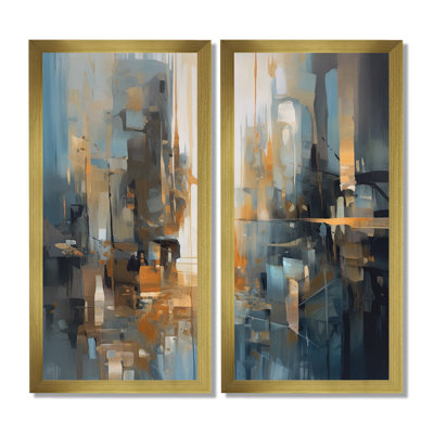 «Orange Blue Geometric Blend - Abstract Minimalisme Wall Art», reproduction sur toile abstraite orange 2 pièces