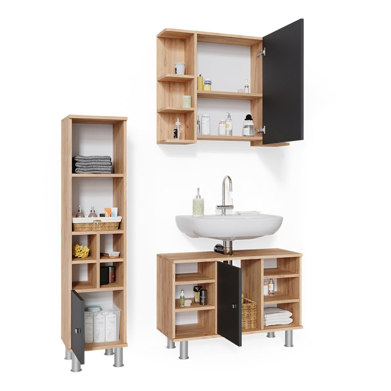 Bernardete 80Cm W x 64Cm H x 21Cm D Bathroom Storage Furniture Set, Brown/Grey