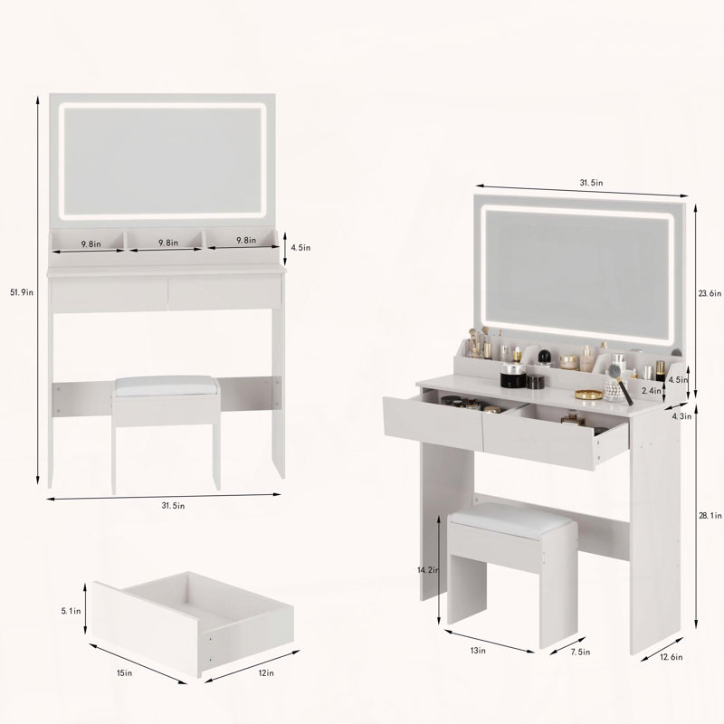 Très grande coiffeuse à miroir à DEL avec tabouret