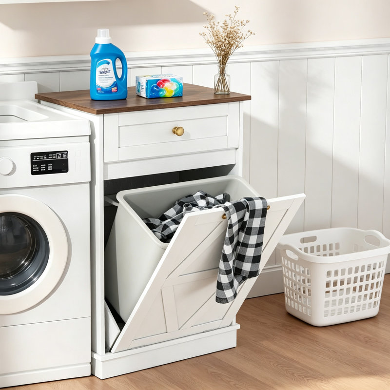 Meuble à poubelle basculant de 52 cm de large avec tiroir de rangement, meuble à poubelle dissimulé autoportant pour cuisine et buanderie, blanc/brun
