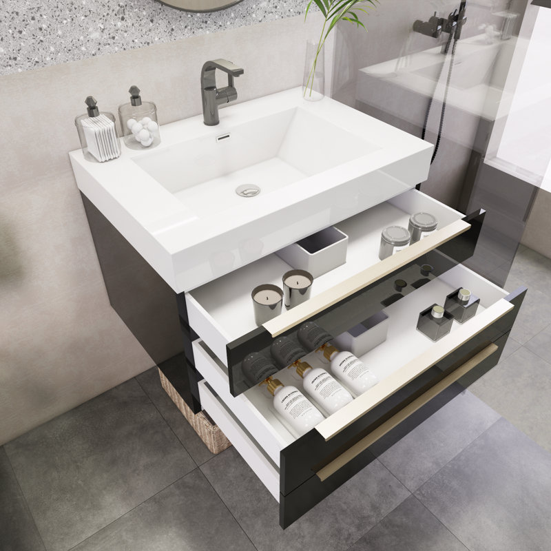 Ensemble de meuble-lavabo mural simple 29,8 po Platte, Noir très lustré