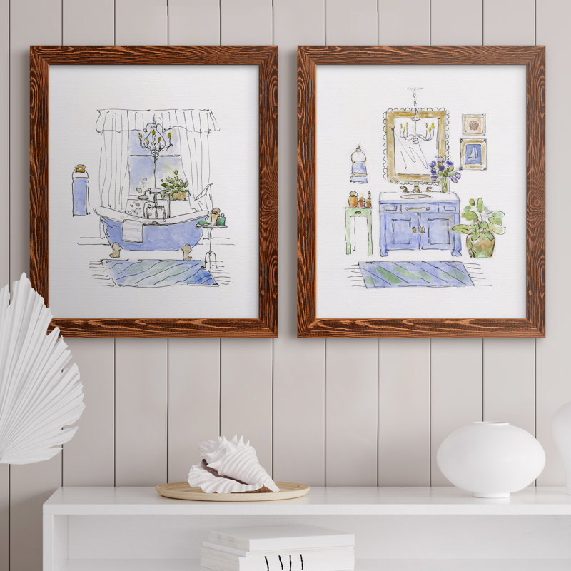 «Sketchy Bath I», ensemble de 2 peintures sur toile encadrées, H 20 po x l 34 po x P 1,5 po, Toile avec cadre érable