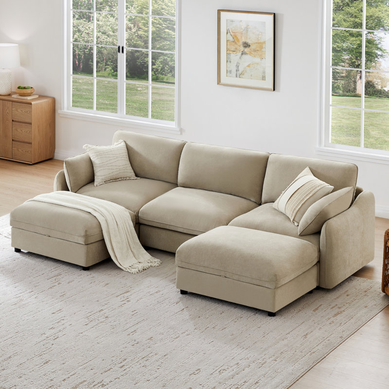 Canapé modulaire rembourré modulaire avec 5 repose-pieds de 112 po, Polyester kaki