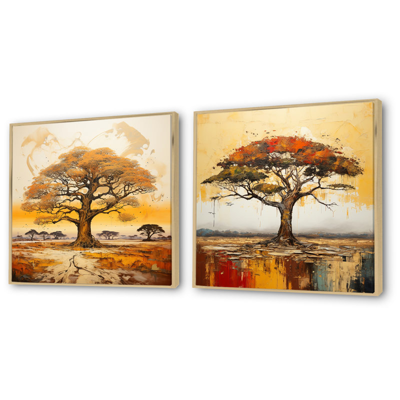Arbre sauvage d'Afrique, ensemble de 2 reproductions d'art sur toile, Encadrement brun, H 36 po x l 73 po x P 1,5 po