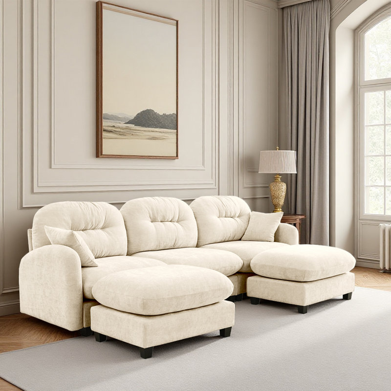 Sectional U Shaped Couch With 2 Ottoman, Chenille Sofa, Beige Chenille