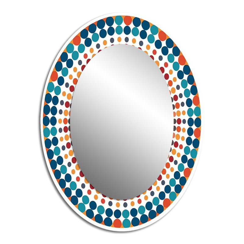 Boho Mandala en rétro bleu et orange I - grand miroir mural ovale sur métal, 40 po x 30 po