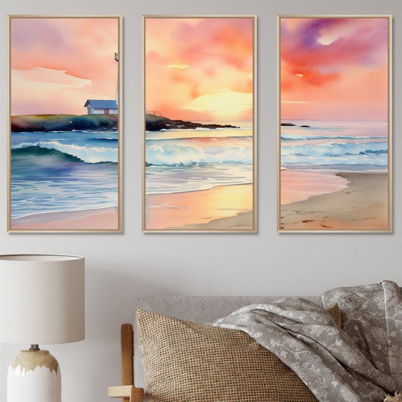 Orange coucher de soleil sur la côte, phare de la plage, sérénité I - art mural plage, H 40 po x l 61 po, Cadre flottant brun