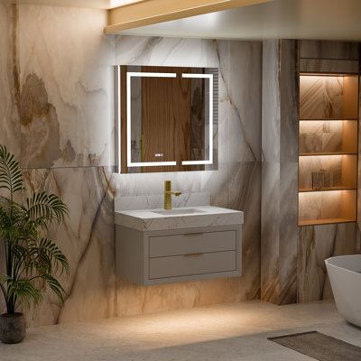 elevs 36"W x 36”H LED Lighted Inset Backlit Mirrored Medicine Cabinet with 5X Magnifiers with 1800W Power Soft Close Door Front and Back Light Recessed or Surface Mounted