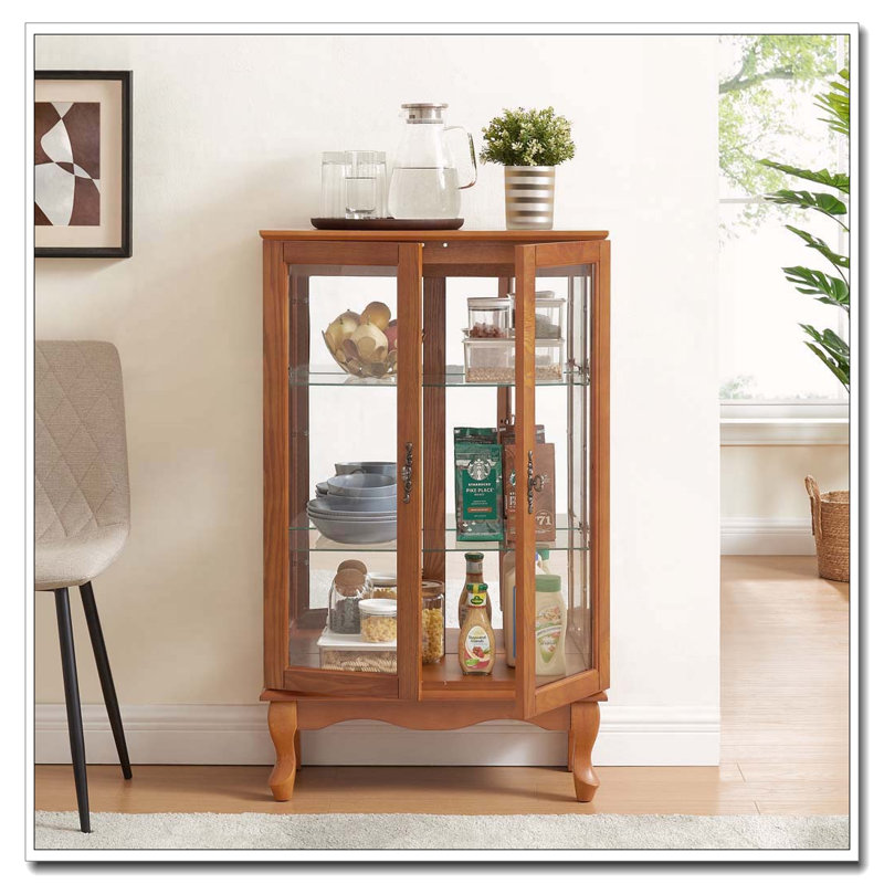 Vitrine avec portes en verre trempé, dossier en miroir et tablettes réglables, Chêne foncé