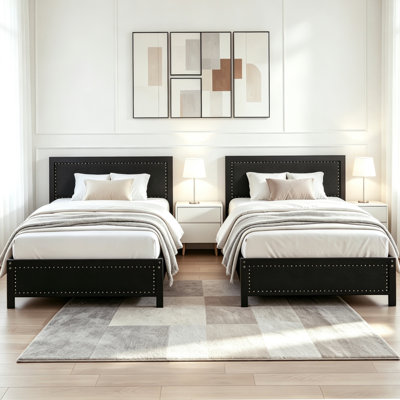 Belah Twin Size Bed Frames with Linen Upholstered Headboards and Nailhead Trim, Heavy-Duty Metal