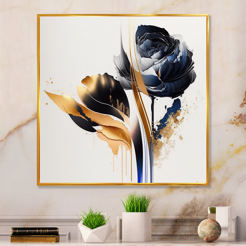 «Liara Roses Flow Flower On Abstract Fusion III», reproduction, H 36 po x l 36 po x P 1,5 po, Toile avec cadre flottant or