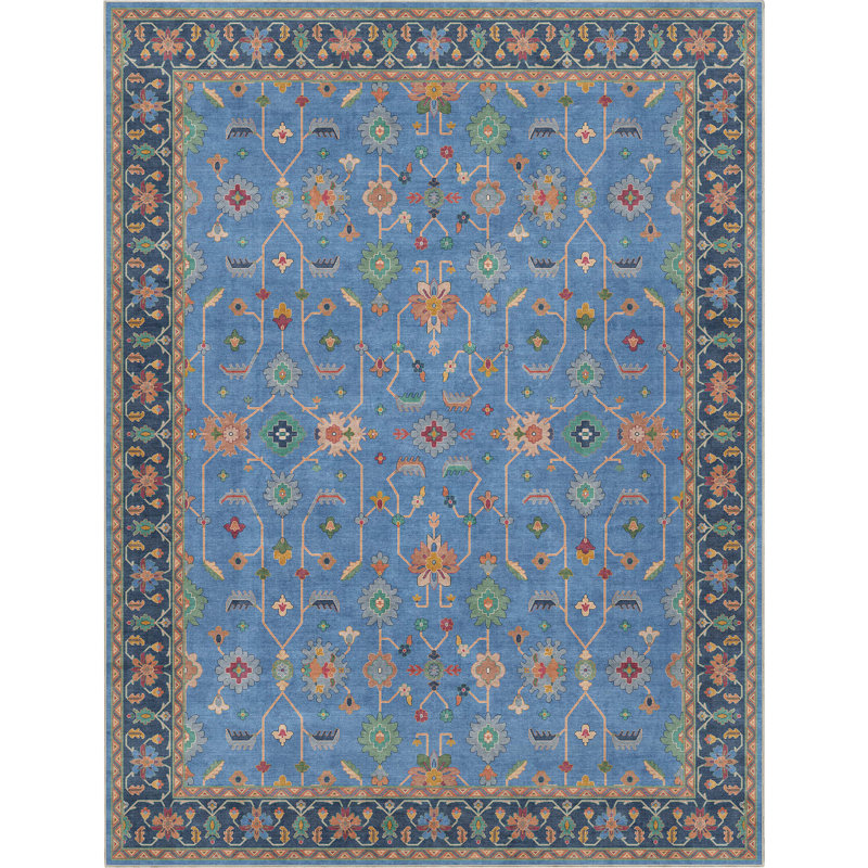 Tapis bleu bohème Bungalow Rose Adrith Antalya, Rectangle 7 pi 7 po x 9 pi 10 po