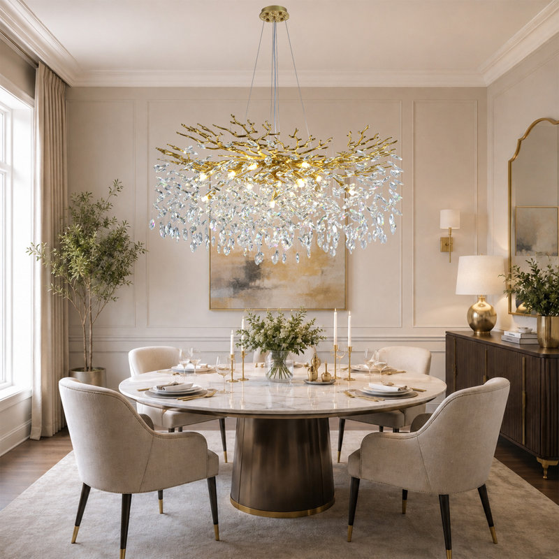 Abe 14-Light 39" Dimmable Tree Branch Crystal Chandelier Round Pendant Lights for Dining Room, Gold