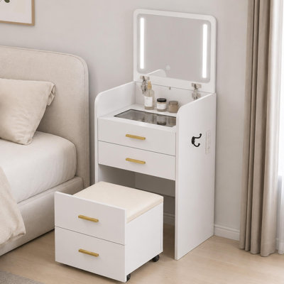 3-in-1 Vanity Desk with Mirror & LED Light, Makeup Table, White