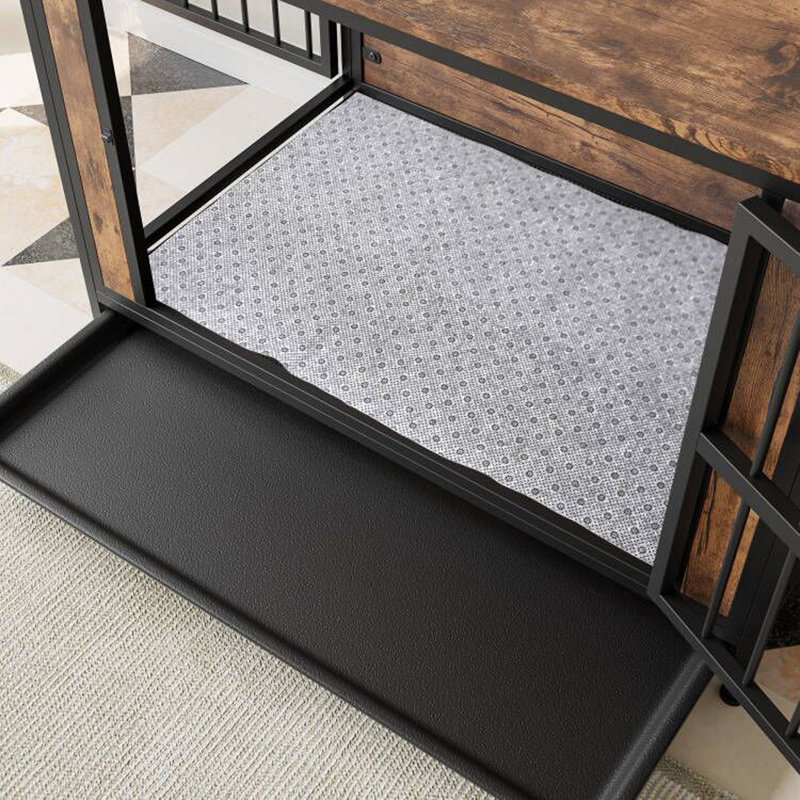 Table-cage en bois pour chien, niche pour chien 32,8 po avec 2 portes coulissantes et cadre de porte en fer épais