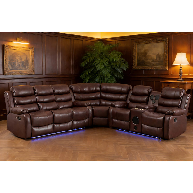 Manual Reclining Brown Leather Sectional Sofa With Bluetooth Speaker 6 Seater Corner Couch, Brown Faux Leather