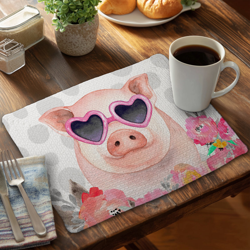 Ensemble de 4 napperons en polyester tressé - décor petit cochon amoureux
