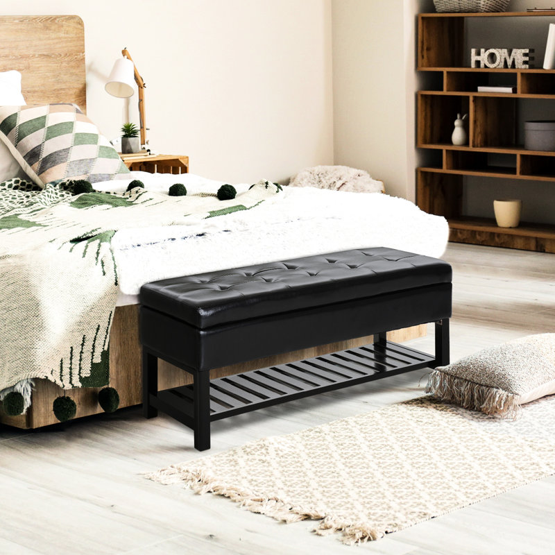 Banc de rangement noir en similicuir avec range-chaussures, 44 po - Option de capacité moderne