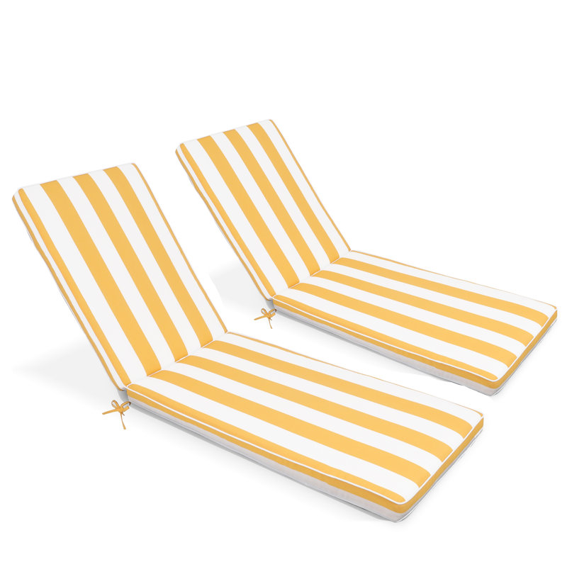 Ensemble 2 pièces de coussins de chaise longue à rayures jaunes et blanches - Rembourrage de siège de patio résistant aux rayons UV avec sangles réglables