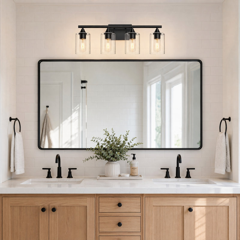 Luminaire de meuble-lavabo noir mat avec abat-jour en verre transparent et fixation murale réversible, 4