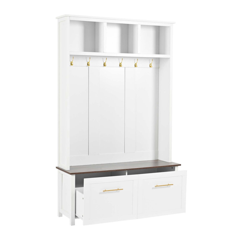 Versatile 4-In-1 Hall Tree With 6 Golden Hooks, Wood Grain Bench With Multiple Storage Space, Entryway Coat Rack With 2 Drawers For Living Room, Hallway, 76.6''H