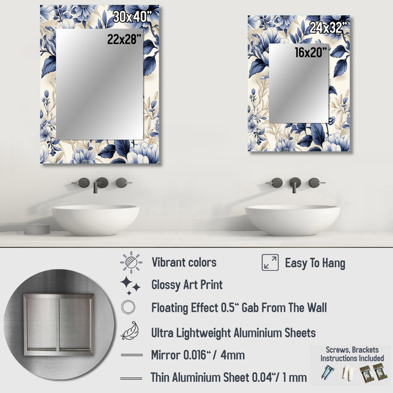 Cobalt Blue Victorian Rococo Victorian Pattern - Floral Mirror Wall Decor, 40" x 30"