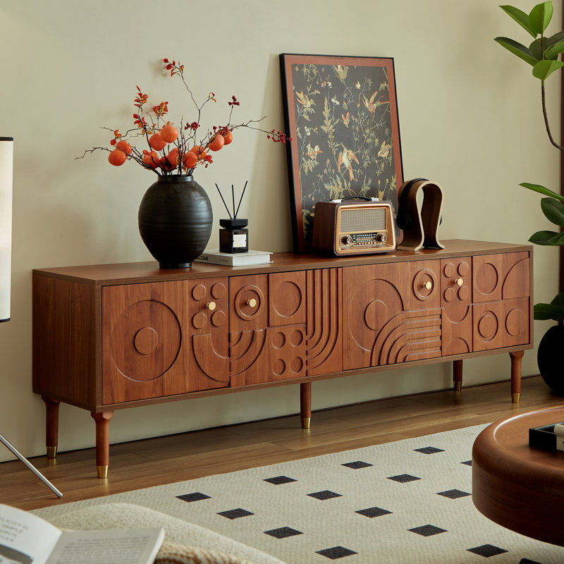 66.9 inches Medieval Modern Carved Entertainment Center TV Cabinet - Features four storage cabinets, accommodates TVs 55 inches and larger, minimalist design elevates living room style，Walnut (Width: 66.9 inches)