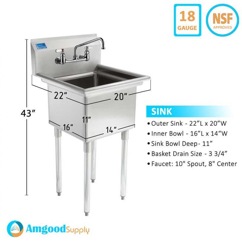 20" x 22" Silver Stainless Steel Freestanding Commercial Sink