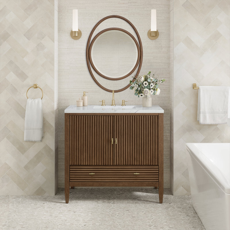 Myrrin 36'' W Single Vanity, Mid-Century Walnut, Ethereal Noctis, 8" Widespread