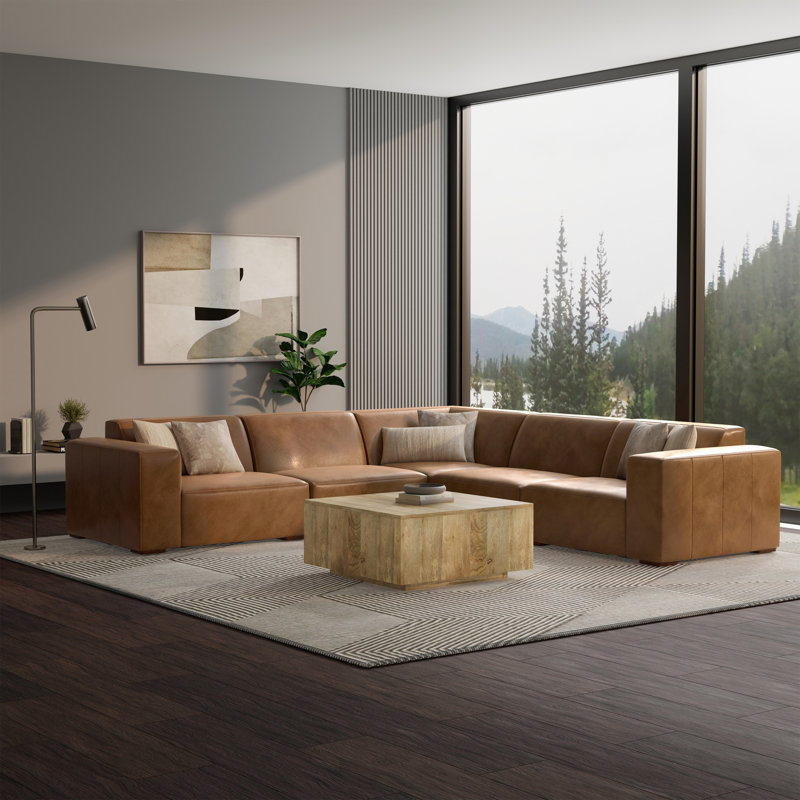 Grand canapé modulaire en L Rex en cuir véritable à 5 places avec accoudoirs très larges Rex, Brun caramel