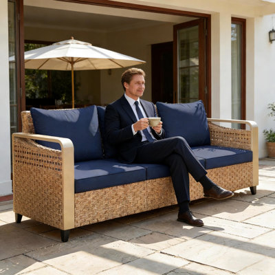 Jardin avec siège de 70,9 po de largeur, 23,6 po de profondeur, 2,8 po, brun, coussins en coton PP bleu foncé, structure en métal, support de 792 lb, patio à fermeture à glissière facile à nettoyer avec assise large, charge verticale en PE,