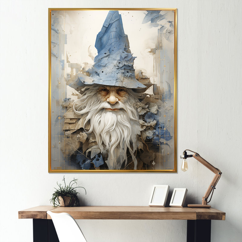 Minimalisme beige et gnome bleu sur toile, Cadre flottant doré, H 40 po x l 30 po x P 1,5 po