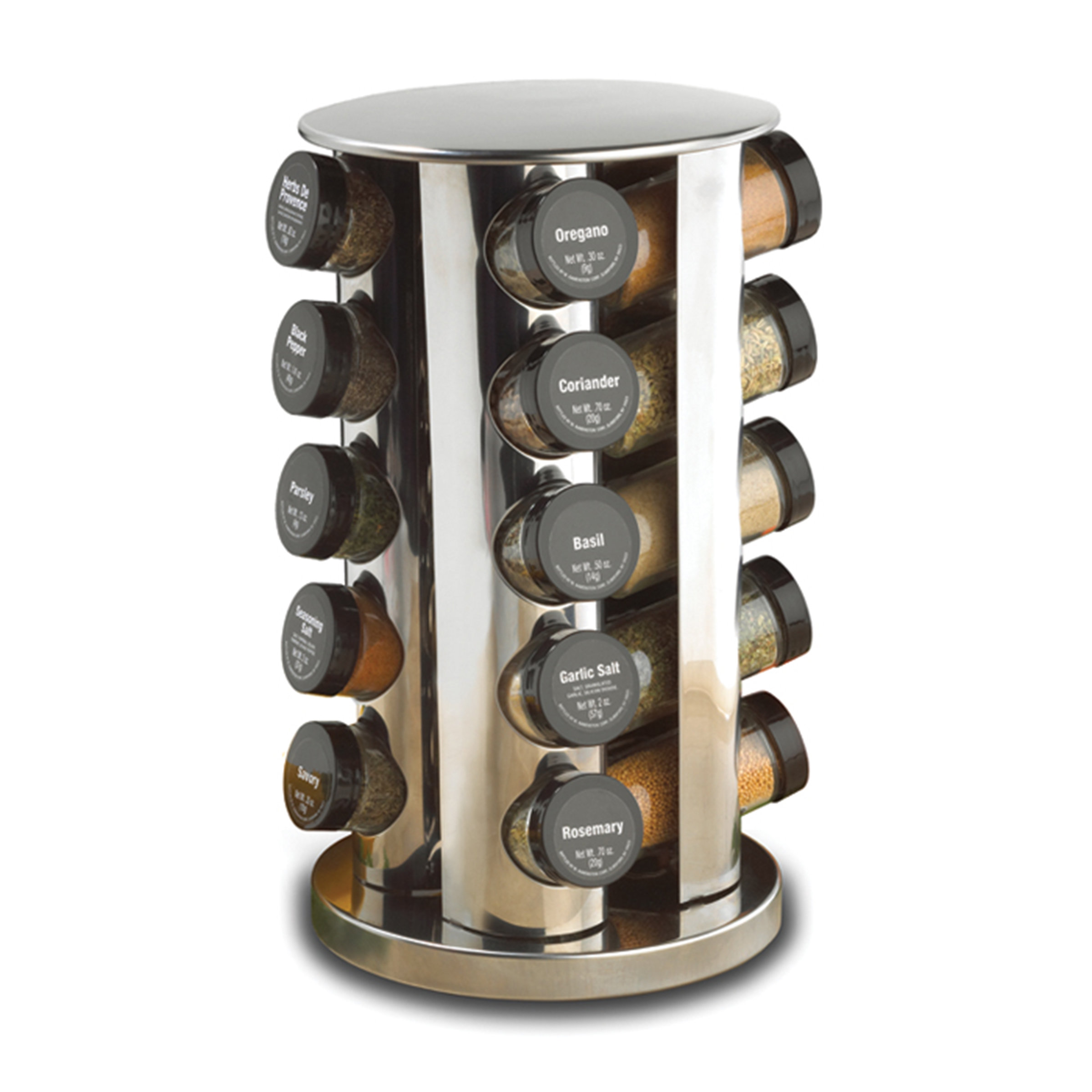 https://assets.wfcdn.com/im/39280862/compr-r85/1565/15657392/kamenstein-revolving-20-jar-countertop-rack-tower-organizer-polished-stainless-steel-with-black-caps.jpg