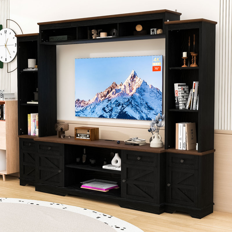 Meuble audio-vidéo avec tablettes, 4 tiroirs, armoires et prises de courant intégrées, Noir / brun