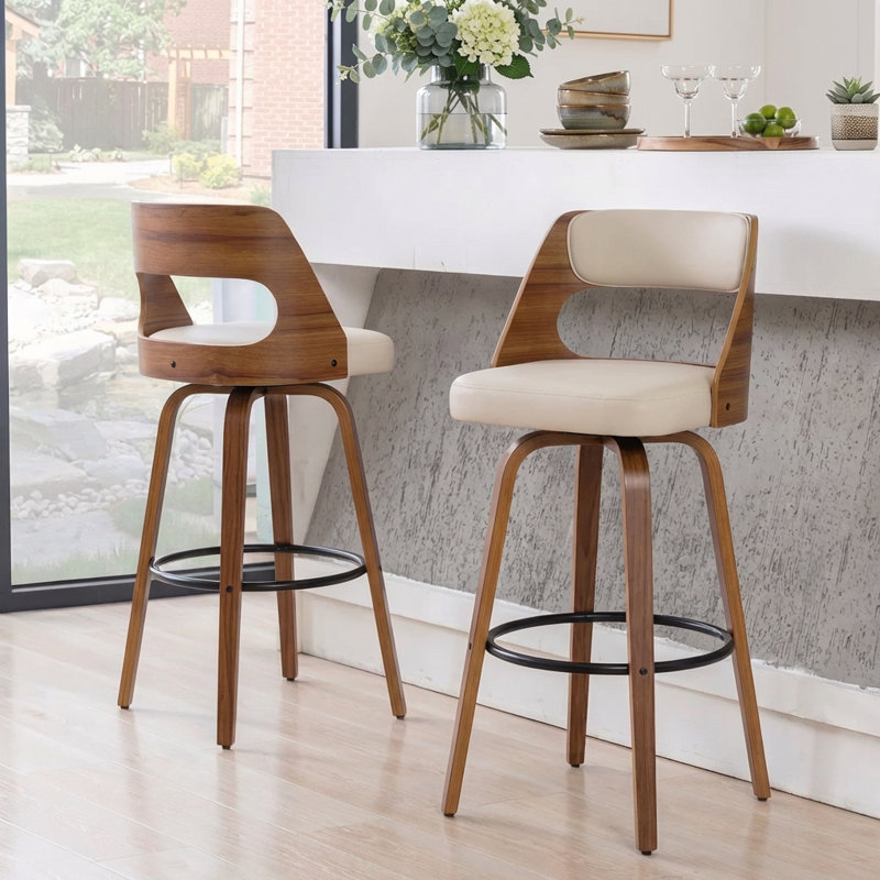 Mid-Century Swivel 28.9" Bar Stool with Faux Leather Seat and Curved Walnut Wood Back, Beige