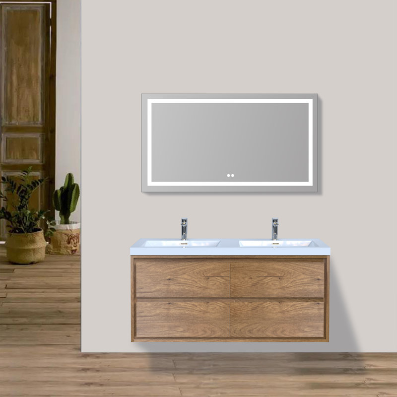Ensemble de meuble-lavabo double mural 48 po Wittig, Teck chêne