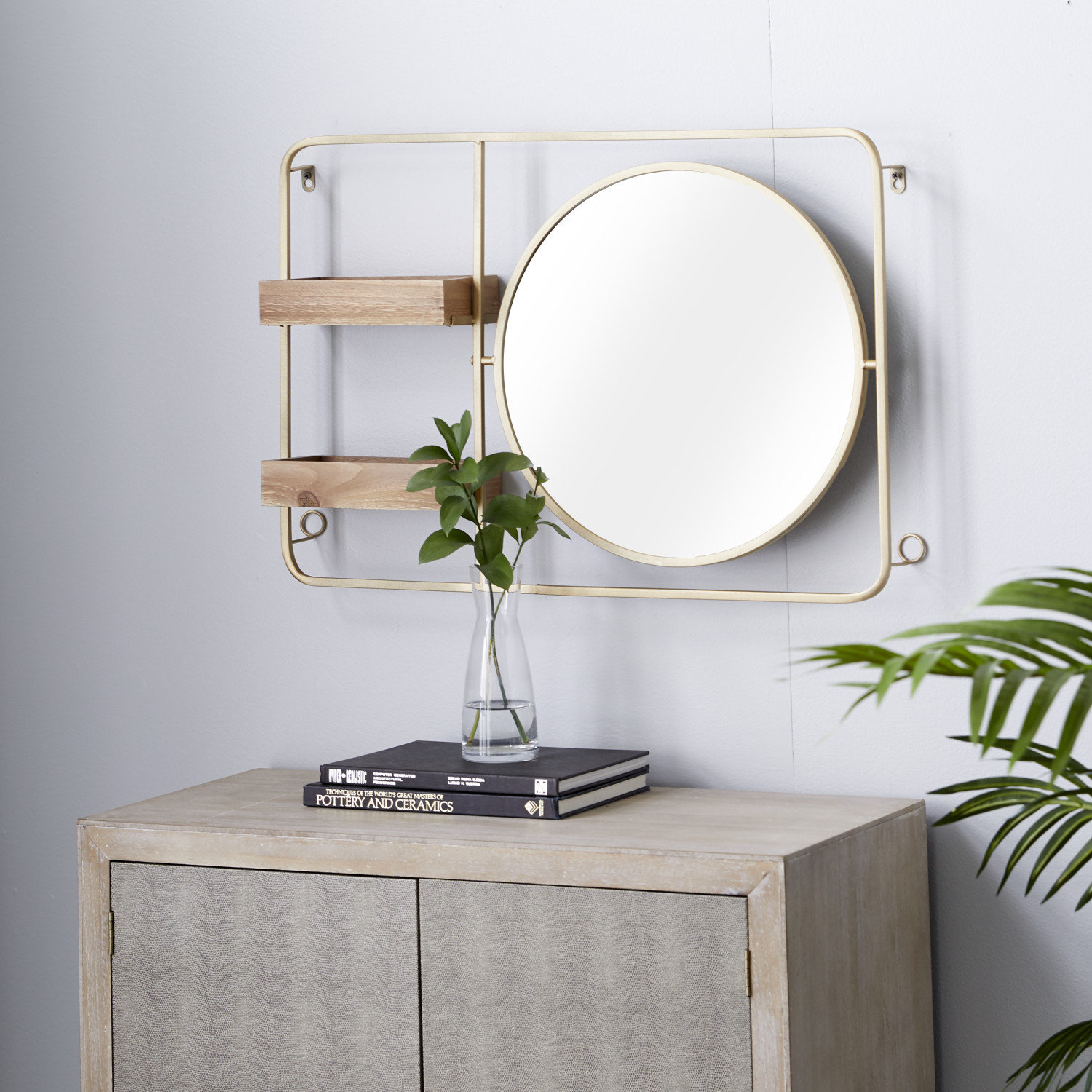 Everly Quinn Mccreery Metal Geometric Wall Mirror with Shelves