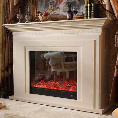 Beige Solid Wood Electric Fireplace