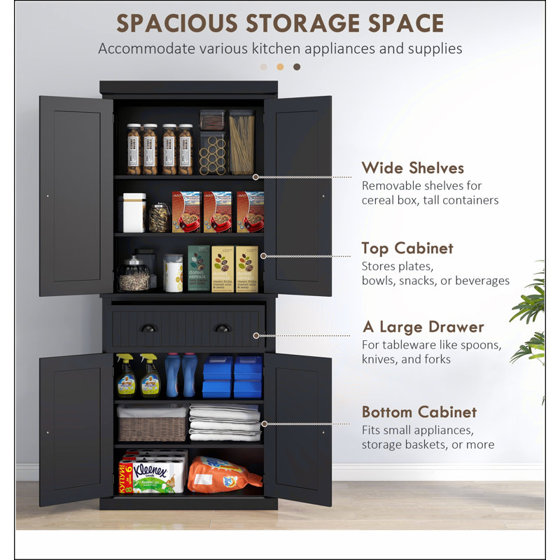 72" Kitchen Pantry, Tall Storage Cabinet, Freestanding Cupboard with Drawer, Black
