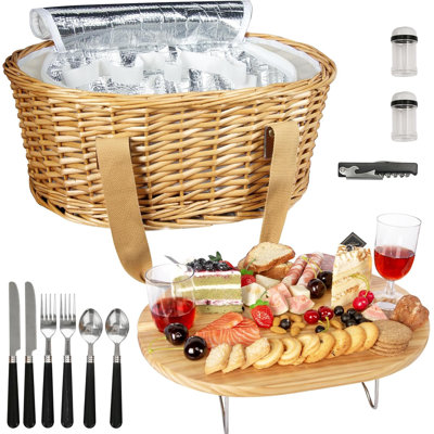 Wicker Picnic Basket Set for 2 with Mini Folding Wine Picnic Table & Large Insulated Cooler Bag & Cutlery Service Kits for 2 Person, Couples Gifts, Wedding Gifts