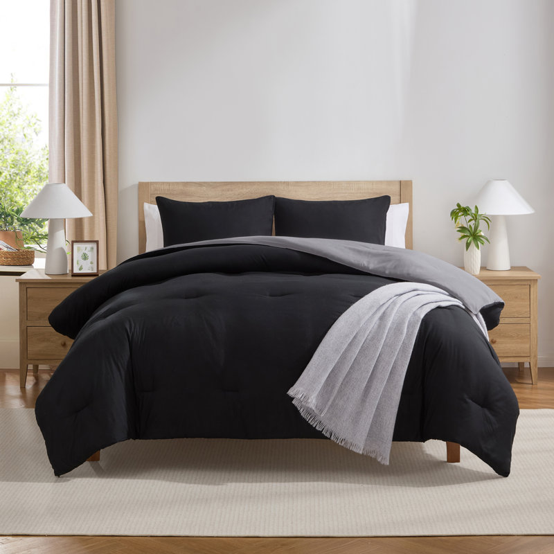 Ensemble d'édredon réversible 3 pièces Ultra Soft, Noir / gris anthracite, Édredon double + 2 taies décoratives standards