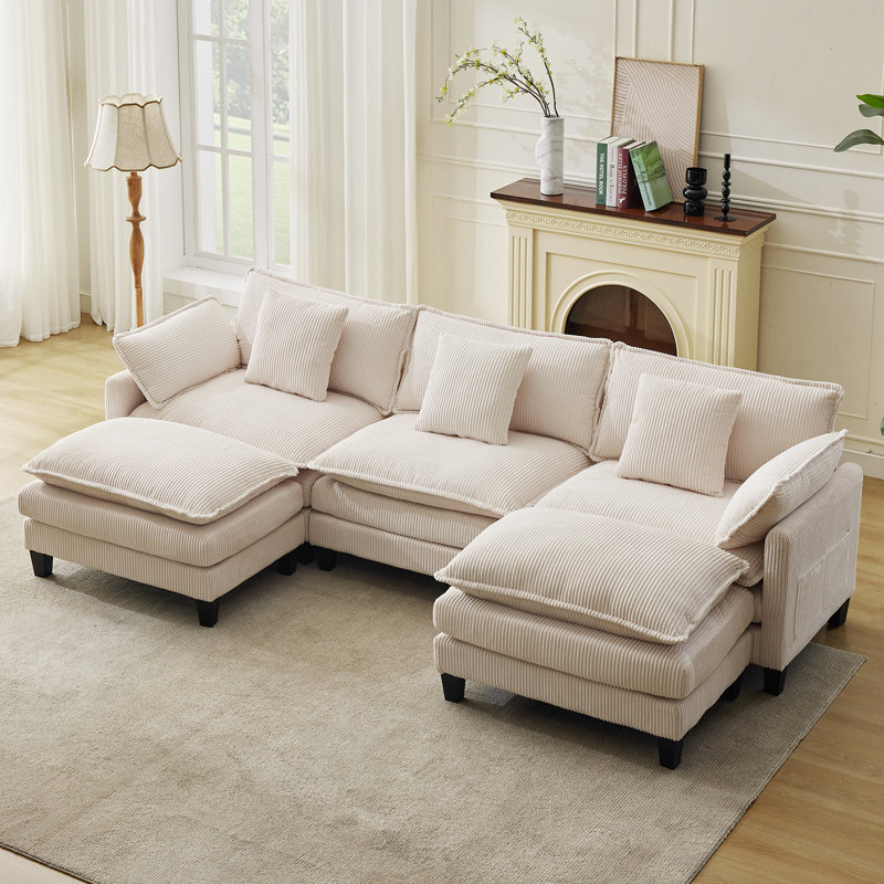 Canapé modulaire modulaire, canapé en velours côtelé avec repose-pieds mobile, coussins décoratifs, Chenille beige