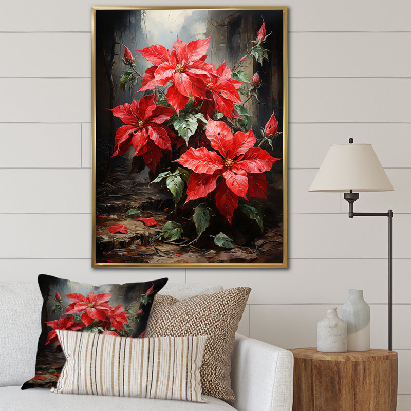 «Red Poinsettias Holiday Velvet Patchwork II» - reproduction d'art sur toile florale et botanique, H 32 po x l 16 po x P 1 po