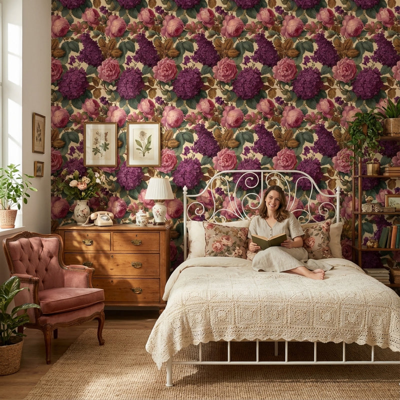 Papier peint floral Roses rétro