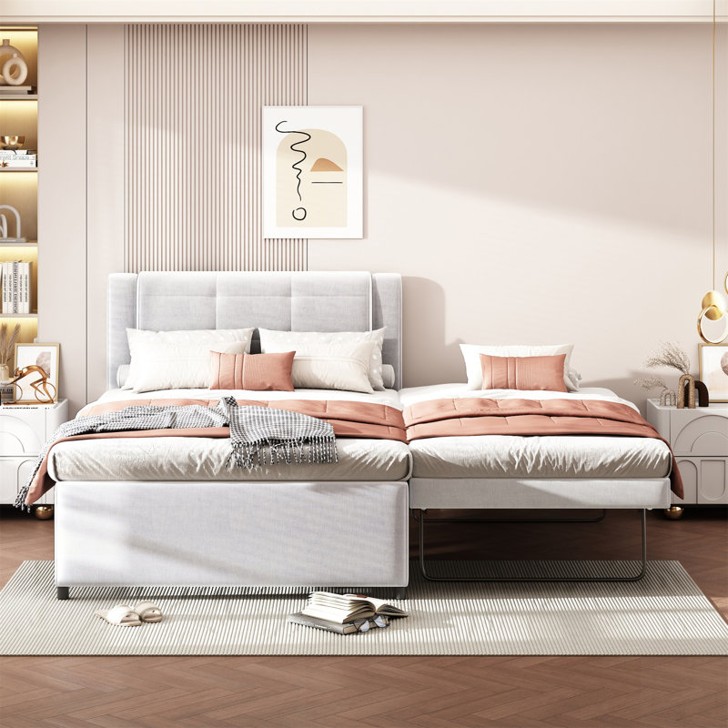 Lit plateforme tapissier avec lit gigogne polyvalent, pour les chambres d'amis et les petits espaces, Beige