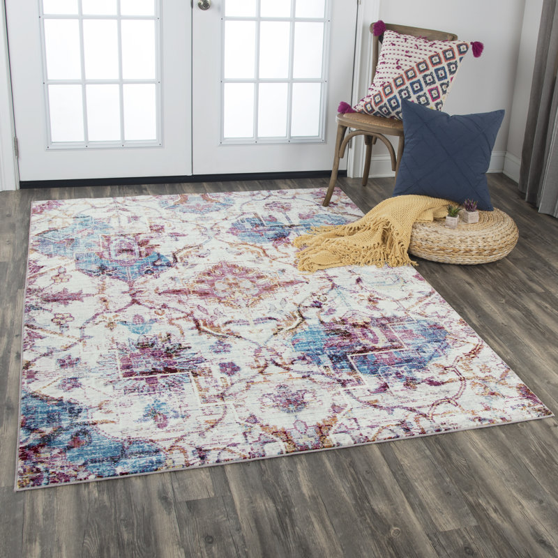 Tapis crème / rose / bleu Elliot, Rectangle 5 pi x 7 pi