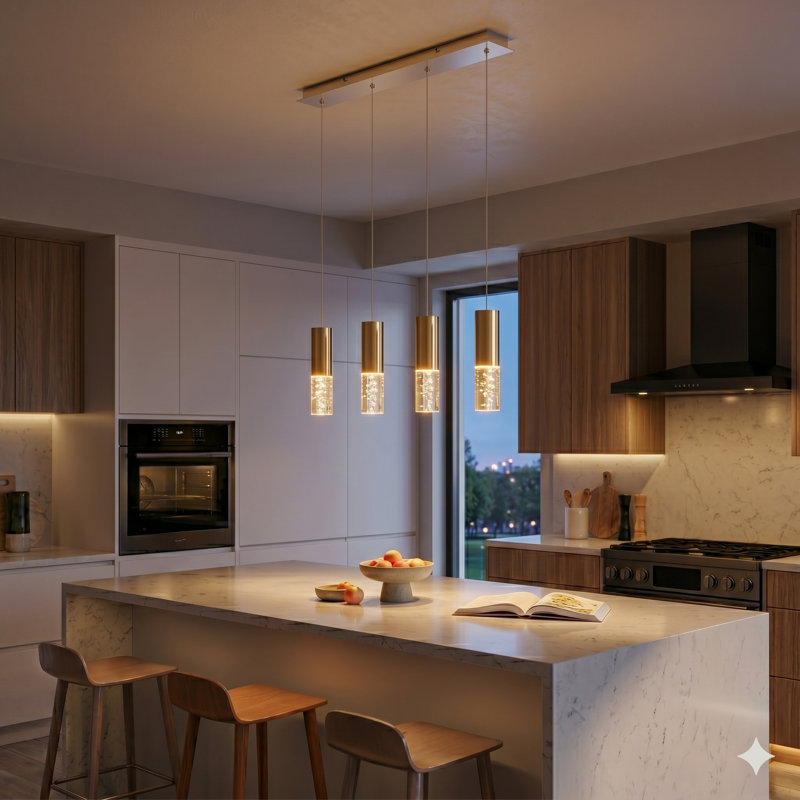 Luminaire suspendu linéaire à 4 lumières pour îlot de cuisine Rathi, Laiton