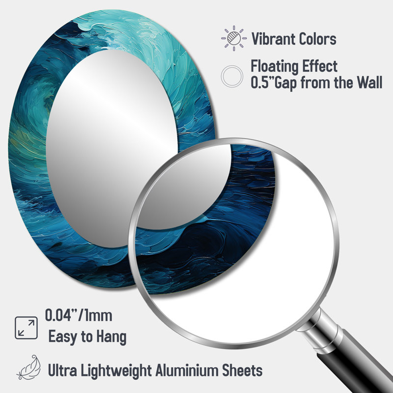 Turquoise bleu et blanc Serenity Swirl II - grand miroir mural ovale sur métal, 40 po x 30 po